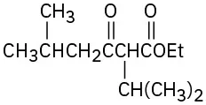 The structure of ethyl-2-isopropyl-5-methyl-3-oxohexanoate shows isopropyl and methyl substituents at second and fifth carbon. A carbonyl is positioned on the third carbon with an ethoxy group on the first carbonyl.