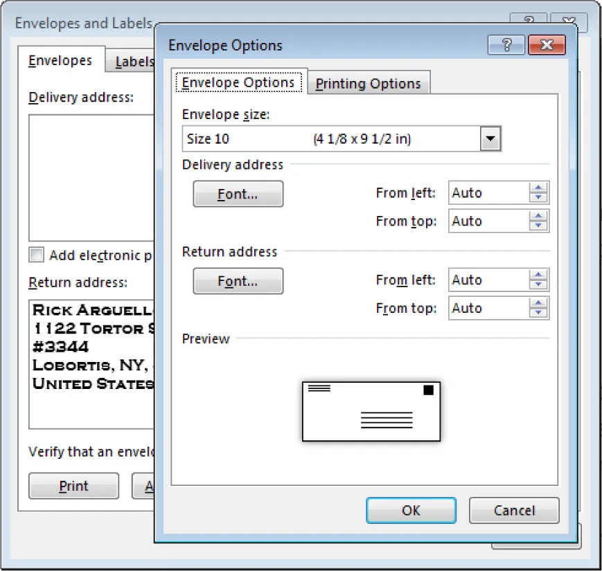 An Envelope Options tab is selected in an Envelope Options window. Options available include Envelope size, Delivery address, Return address, and Preview.