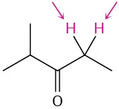 Chemical structure of 2-methyl-3-pentanone. Two arrows point toward the highlighted hydrogens at C 4.