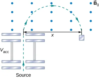 A schematic of the mass spectrometer. The source is at the bottom. Particles are accelerated by the potential difference V acc, then enter a region in which there is only a uniform magnetic field B naught. In that region, the particles follow a clockwise semicircular trajectory of diameter x.