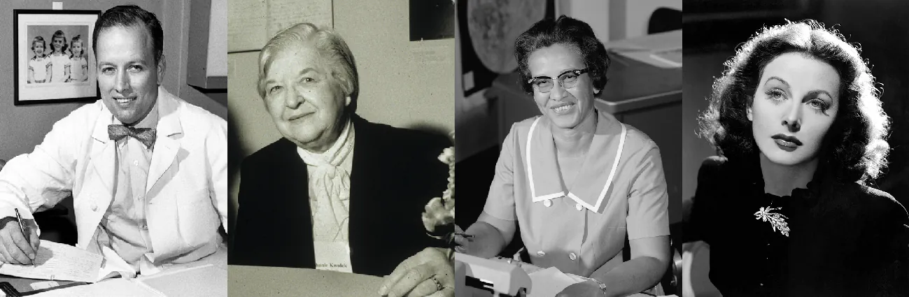 A collage shows black-and-white portraits of four famous personalities.