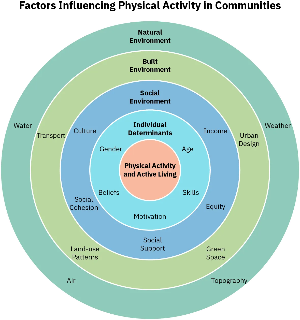 The determinants of physical activity and active living are shown in a circle, with each determinant shown as a ring in the circle. Starting from the inside, the first ring is individual determinants, which includes age, skills, motivations, beliefs, and gender. The next ring is social environment, which includes income, equity, social support, social cohesion, and culture. The next ring is built environment, which includes urban design, green space, land-use patterns, and transport. The final ring is natural environment, which includes weather, topography, air, water.