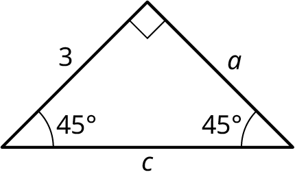 A right triangle. The legs measure a and 3. The hypotenuse measures c. The angles are marked 90 degrees, 45 degrees, and 45 degrees.