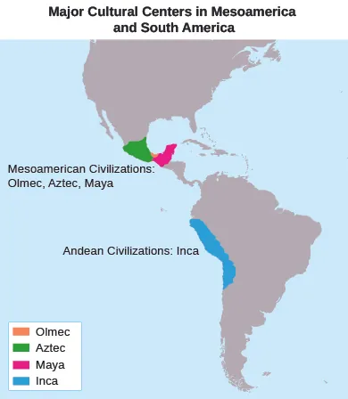 A map shows the locations of the Olmec, Aztec, Maya, and Inca civilizations, in, respectively, present-day Mexico; present-day Mexico; present-day Mexico (on the Yucatán Peninsula),Belize, Honduras, and Guatemala; and present-day Ecuador, Peru, and Bolivia.
