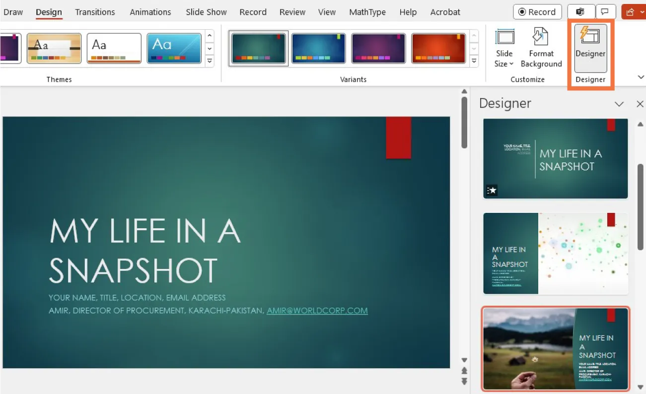 A PowerPoint screen is open with the Designer option selected. Below the Designer button is a small window showing several organization options.