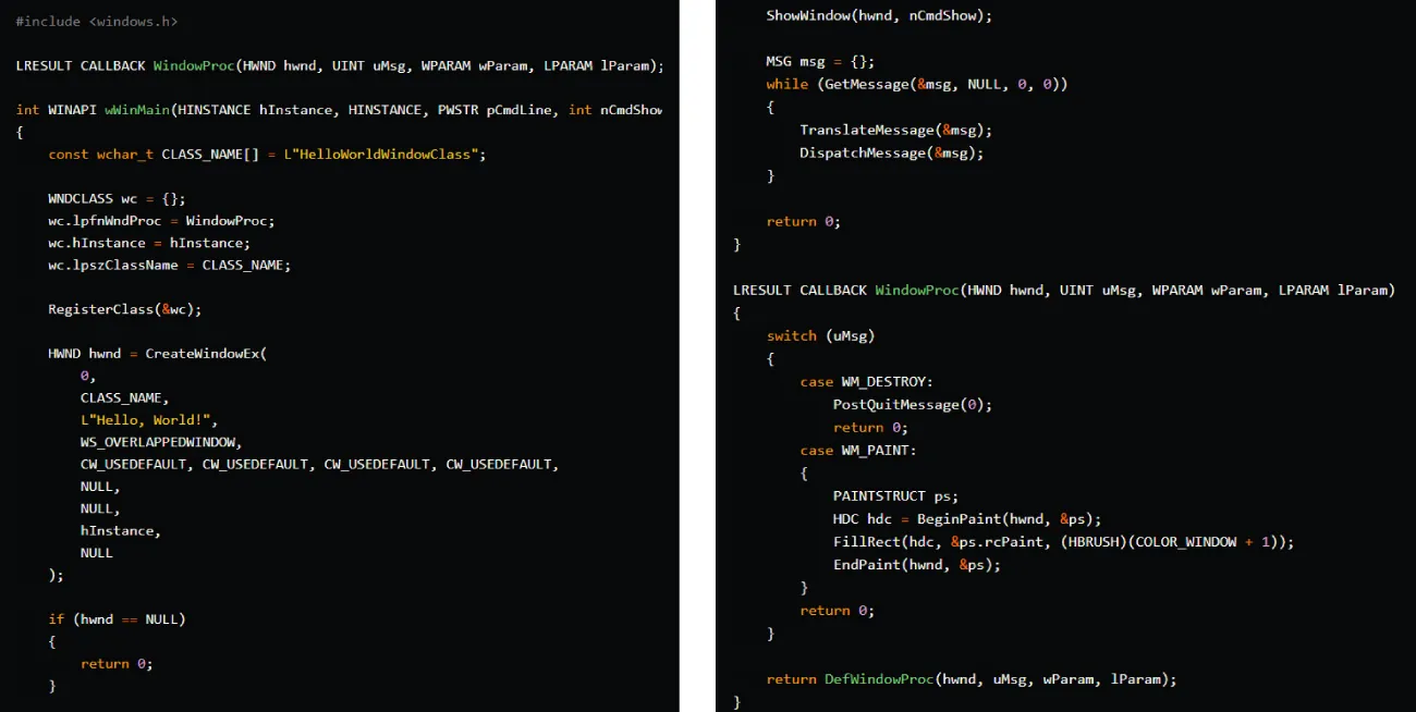 Images of code in C++ and Win32 API.