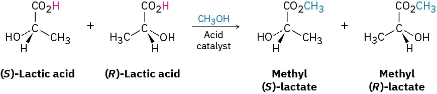 (S)-lactic acid reacts with (R)-lactic acid in the presence of methanol, acid catalyst to form methyl (S)-lactate and methyl (R)-lactate.