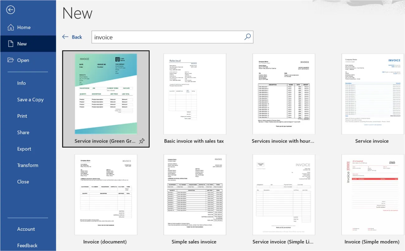 New window displays Search Bar (with invoice typed inside). Options of templates are visible beneath with thumbnail images and short test descriptions.