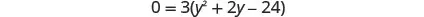 A mathematical equation is shown with the expression 0 = 3(y^2 + 2y - 24).