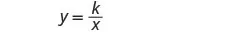 The image displays a mathematical equation for inverse variation, written as y = k/x, where y is inversely proportional to x, and k is the constant of proportionality.