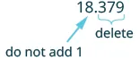 An image illustrating a numerical operation, showing the number 18.379 with instructions to 'delete' the .379 portion and 'do not add 1' (implying no rounding up) for the remaining 18.