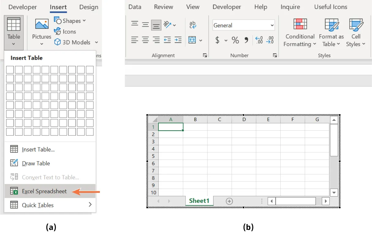 (a) Table button from Insert tab is selected. Excel Spreadsheet selected. Other options: Insert Table, Draw Table, Quick Tables. (b) A blank Excel table is inserted into a Word file.