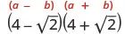 The difference of squares formula, a minus b times a plus b equals a squared minus b squared, is shown. The example uses 4 minus the square root of 2 and 4 plus the square root of 2.