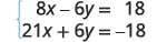 A system of two linear equations is displayed. The first equation is 8x - 6y = 18, and the second equation is 21x + 6y = -18. A left brace encloses both equations.