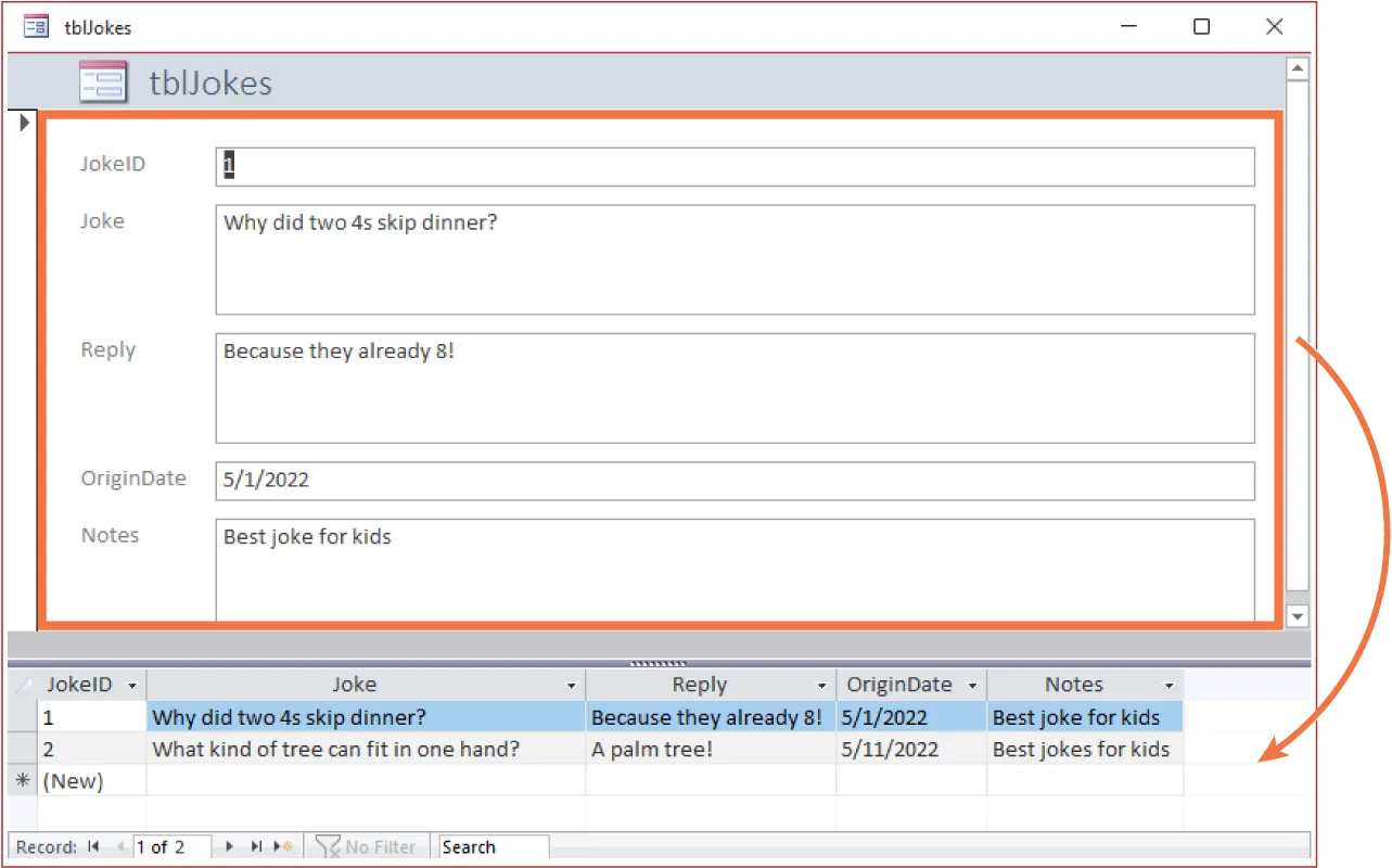 Screenshot of a split form titled tblJokes. Top portion displays categories for JokeID, Joke, Reply, OriginDate, and Notes with fields populated with information. Bottom table displays same information in column form.