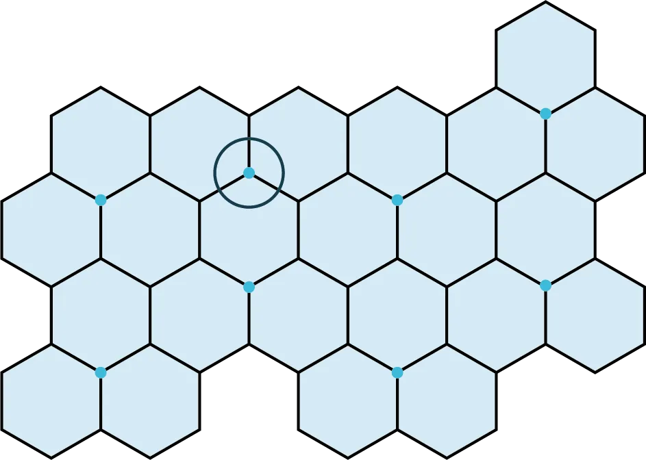 A tessellation pattern is made up of 23 hexagons. Eight points are marked at eight different vertices. One of the points is outlined.
