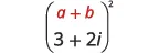 A mathematical expression showing the fraction (a + b) / (3 + 2i) squared. The numerator 'a + b' is displayed in red text.
