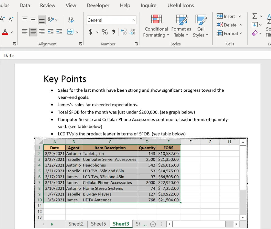 An Excel table embedded in a Word document is selected, opening up the table so that it can be altered. Tabs from the file are visible along the bottom.