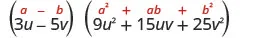 A mathematical expression showing the product of two binomials, (3u - 5v) and (9u^2 + 15uv + 25v^2), with the difference of cubes formula (a - b)(a^2 + ab + b^2) highlighted in red.