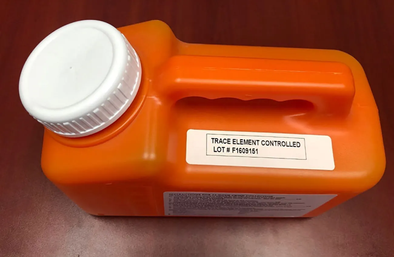A big rectangular container with a white screw-on top meant to hold urine samples from a 24-hour period.
