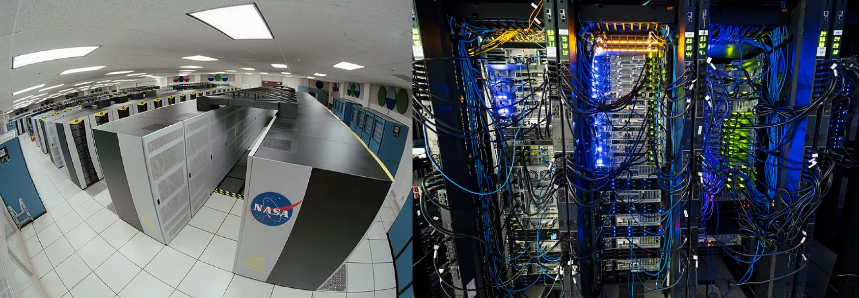 An image of a supercomputer (left) and a data center (right).