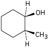 Cyclohexane with hydroxyl (wedge) and hydrogen (dash). On adjacent carbon clockwise, methyl (wedge) and hydrogen (dash).