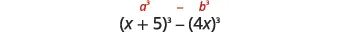 The image displays the difference of cubes formula a^3 - b^3 in red, above an example expression (x + 5)^3 - (4x)^3, demonstrating its algebraic application.