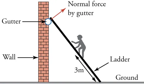 A ladder is placed against the wall of a house. The ladder rests against a gutter. Normal force is exerted by the gutter. The person on the ladder is 3 meters from the bottom of the ladder.