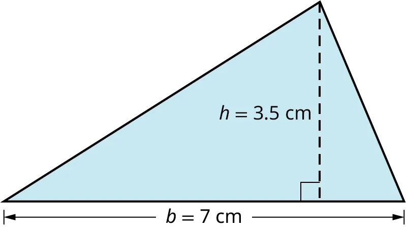 A triangle with its base marked b equals 7 centimeters and height marked h equals 3.5 centimeters.