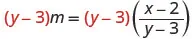 The equation (y-3)m = (y-3) * ((x-2)/(y-3)) is shown, with the common factor (y-3) highlighted in red.