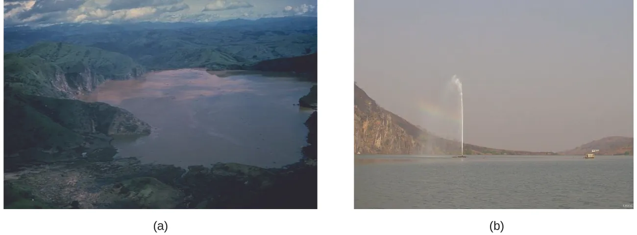 Two photos are shown. The first is an aerial view of a lake surrounded by green hills. The second shows a large body of water with a fountain sending liquid up into the air several yards or meters above the surface of the water.