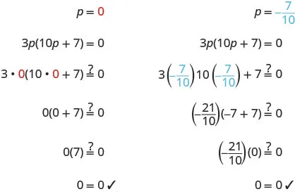 Solutions p=0 and p=-7/10 are verified for the equation 3p(10p + 7)=0. Both substitutions lead to 0=0, confirming their correctness.