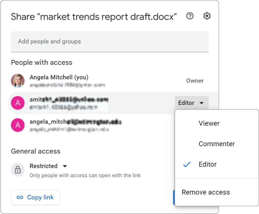 A document lists people with access. One is an Owner. A pane is open for an Editor listing options for Viewer, Commenter, Editor (selected), and Remove access.