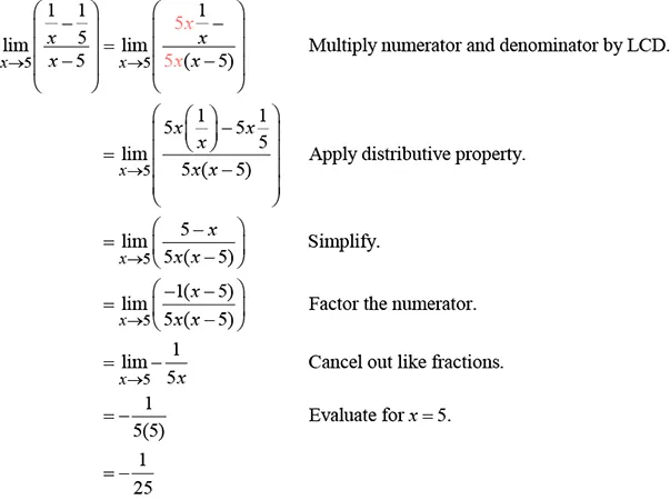 This image illustrates the step-by-step process of evaluating the limit of a rational function as x approaches 5. The solution shows how to simplify the expression by multiplying the numerator and denominator by the least common denominator (LCD), applying the distributive property, simplifying, factoring the numerator, canceling like terms, and finally evaluating the simplified expression at x=5 to arrive at the result of -1/25.