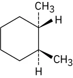In a cyclohexane ring, C1 is dash bonded to methyl and wedge bonded to hydrogen atom. C2 is wedge bonded to methyl and dash bonded to hydrogen.