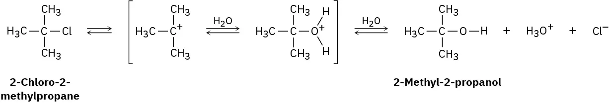 A three-step reversible reaction shows the formation of 2-methyl-2-propanol, hydronium ion, and chloride ion from 2-chloro-2-methylpropane via a carbocation intermediate.