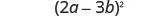 The image shows the mathematical expression (2a - 3b)^2, written in black characters on a white background. This represents a binomial squared, specifically the square of the difference between 2a and 3b.