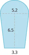 A blue geometric shape is shown. It appears to be two trapezoids with a semicircle at the top. The base of the semicircle is labeled 5.2. The height of the trapezoids is labeled 6.5. The combined base of the trapezoids is labeled 3.3.