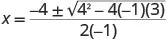 A mathematical equation showing the quadratic formula applied to solve for X, with specific numerical values substituted for a, b, and c.