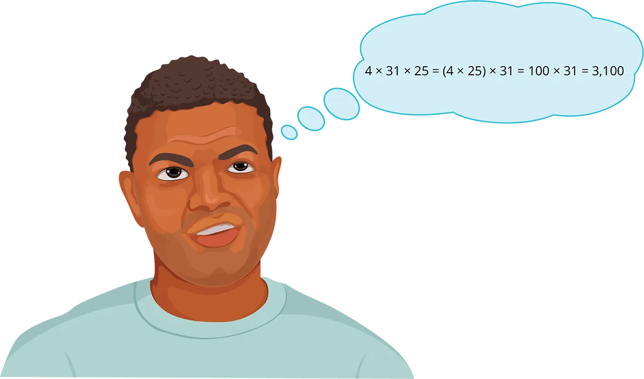 An illustration shows a man thinking about the equation 4 times 31 times 25 equals 4 times 25 times 31 equals 100 times 31 equals 3,100.