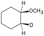 A cyclohexane with a wedge methoxy and dash hydrogen on one carbon, and on the adjacent (clockwise) carbon, a wedge deuterium and dash hydrogen.