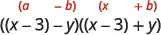 The image shows an algebraic expression `((x-3)-y)((x-3)+y)`, which is an application of the difference of squares formula (A-B)(A+B).