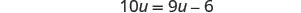 A mathematical equation is displayed on a white background: 10u = 9u - 6. The text is rendered in a black sans-serif font.