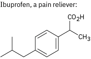 The chemical structure of ibuprofen which is a pain reliever.