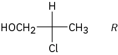 The central carbon is bonded to C H 3 on right, C H 2 O H on left, hydrogen on the top and chlorine on the bottom.