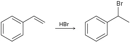 Styrene reacts with hydrogen bromide to form 1-bromoethylbenzene.