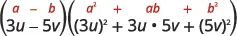 An image displaying the algebraic identity for the difference of cubes, (a - b)(a^2 + ab + b^2), with a specific example below it where a=3u and b=5v.