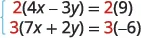 A system of linear equations being prepared for solution using the elimination method. The top equation is multiplied by 2, and the bottom equation is multiplied by 3 on both sides.