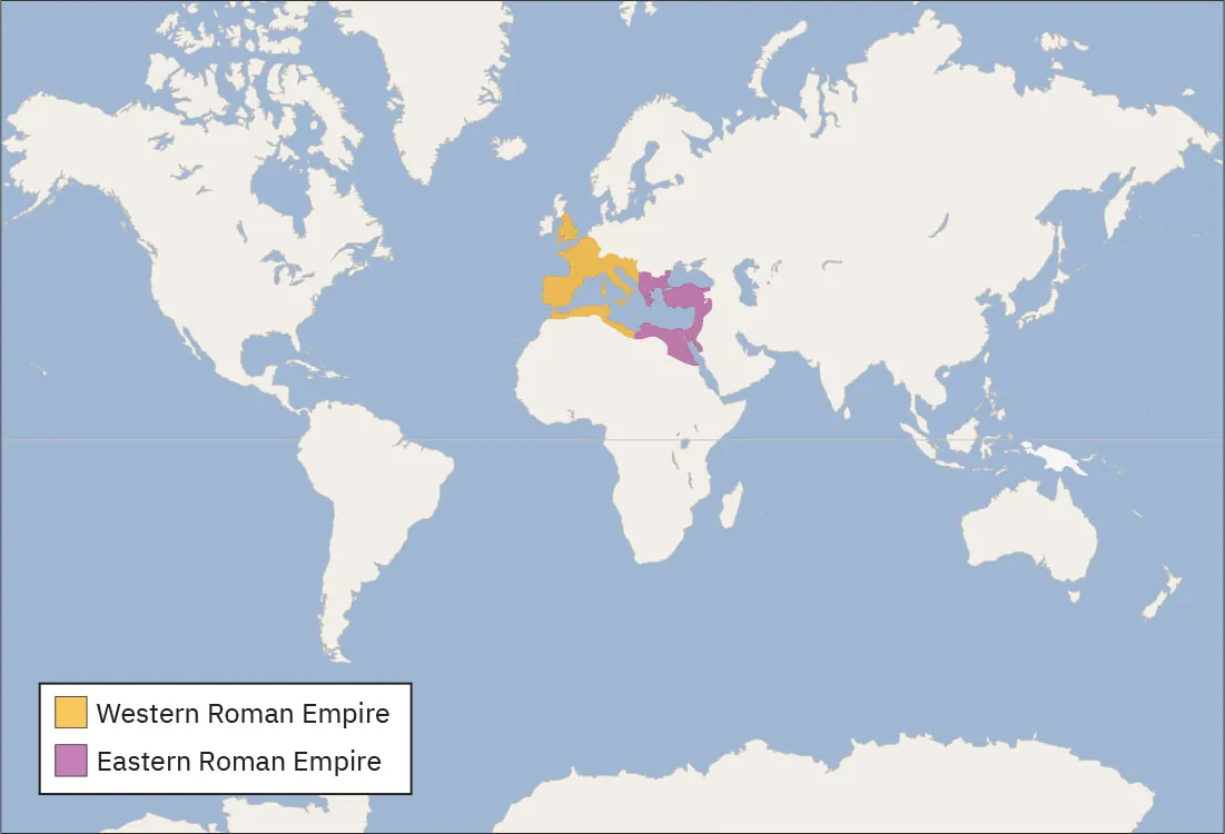 A map illustrating the geographic division of the Roman Empire into its Western (yellow) and Eastern (purple) halves, spanning parts of Europe, North Africa, and the Middle East.