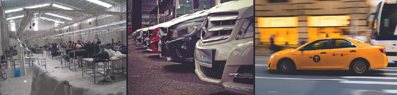 Three pictures show an auto manufacturing plant, a car sales lot, and a taxi.